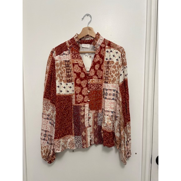 New Moda Rust Patchwork Print Top – V-Neck with Buttons – Large - Picture 2 of 4